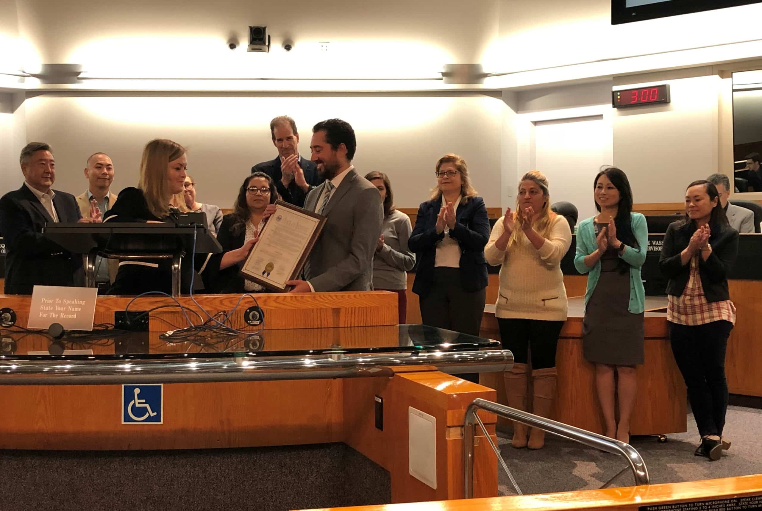 Kevin Zwick receiving commendation from Santa Clara County Board of Supervisors