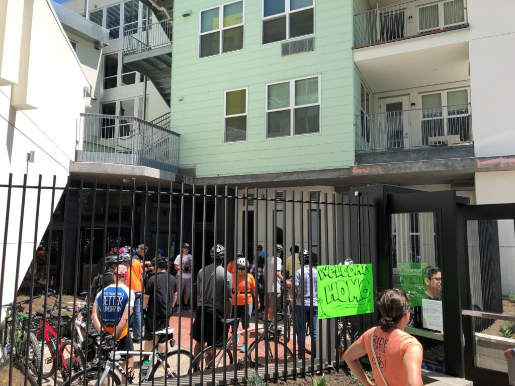 At the Wheelie Home: Affordable Housing Bike Ride on May 11th led by Silicon Valley Bicycle Coalition Executive Director and Housing Trust board member Shiloh Ballard.