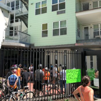At the Wheelie Home: Affordable Housing Bike Ride on May 11th led by Silicon Valley Bicycle Coalition Executive Director and Housing Trust board member Shiloh Ballard.